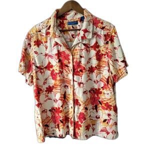 Sharon Scott Short Sleeve White Button Down Top W/Red and Yellow Botanical Sz XL